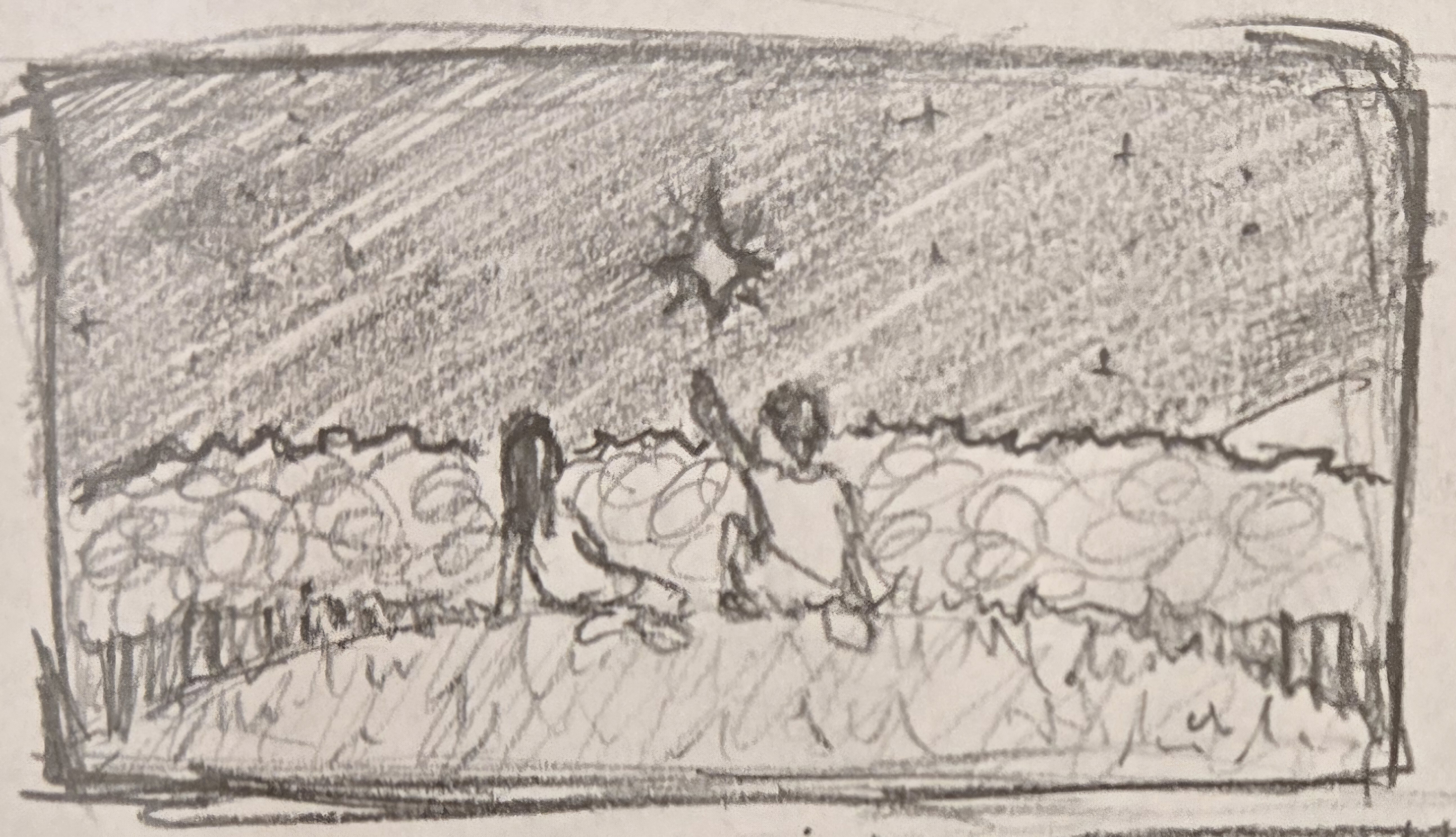 drawing of two people looking at the sky